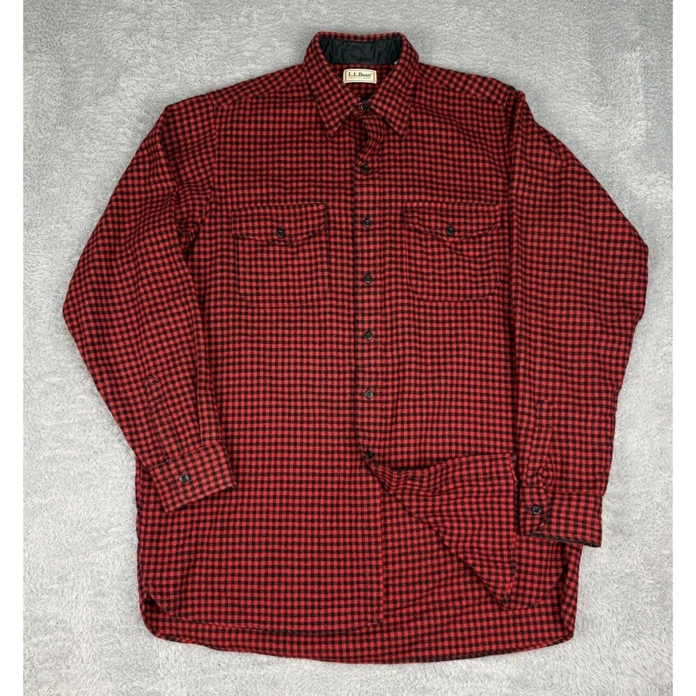 Vintage LL Bean Mens Large Long Wool Blend Buffalo Plaid Flannel Shirt USA Made